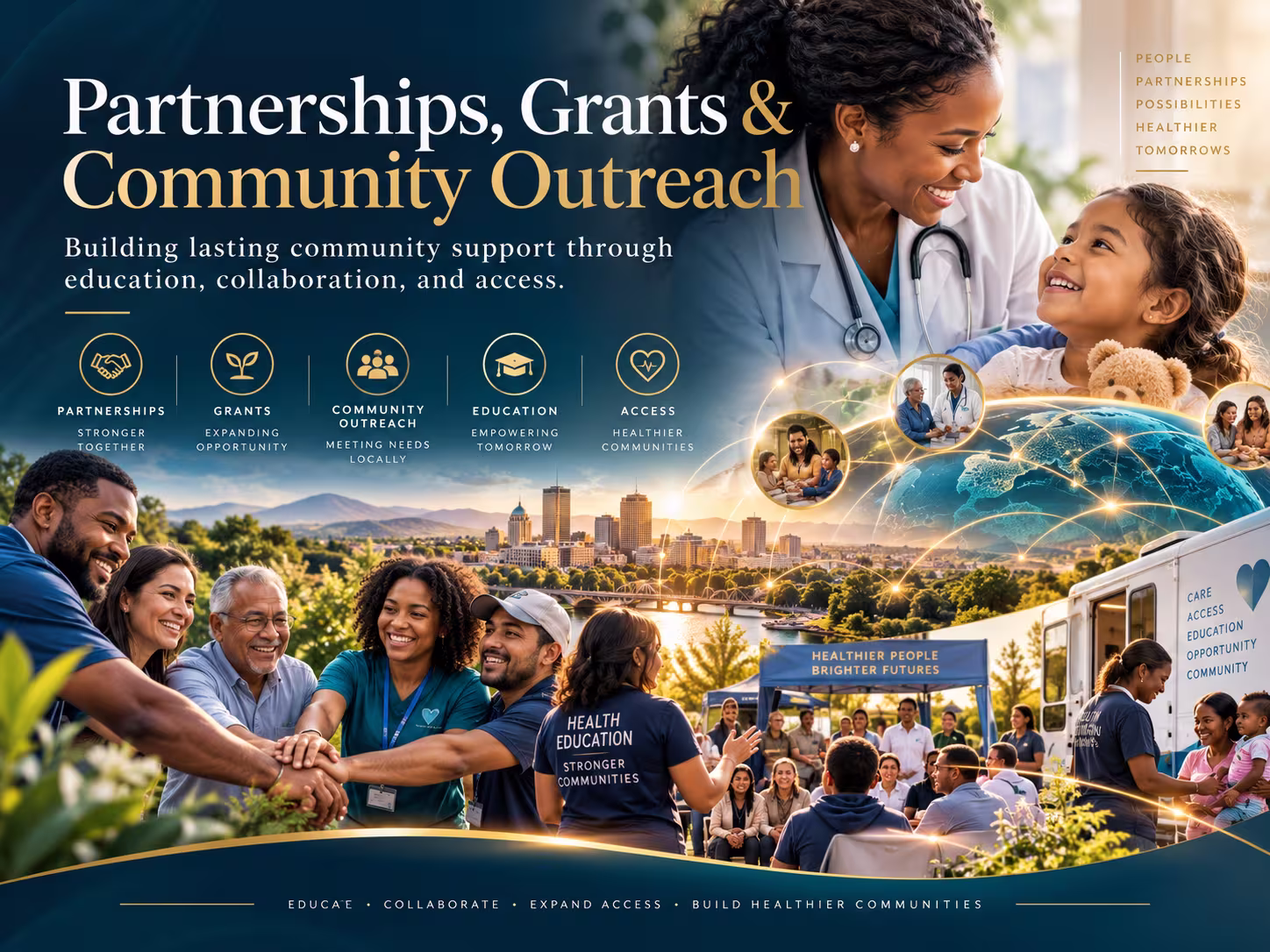 Illustration of community outreach, healthcare education, partnerships, and collaboration supporting SacredHLI's mission